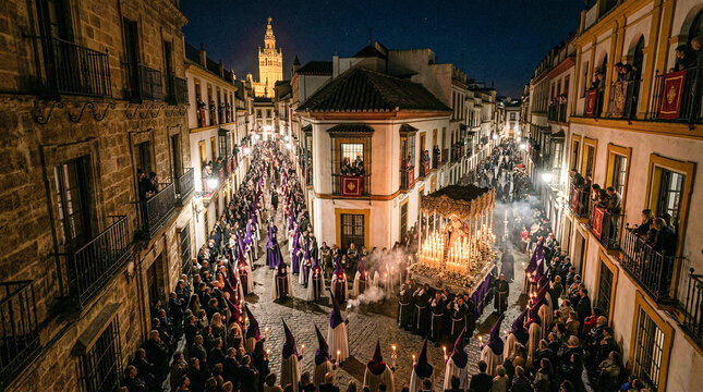 Procesi&oacute;n nocturna de Semana Santa en Espa&ntilde;a con nazarenos de t&uacute;nicas moradas y velas encendidas, acompa&ntilde;ando un paso iluminado por cirios en calle hist&oacute;rica empedrada.