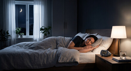 Woman Sleeping in Bed at Night
