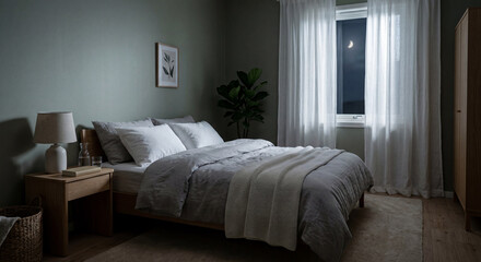 Cozy Bedroom Interior with Moonlit Window
