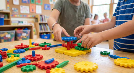 Children Playing with Colorful Gear Building Toys