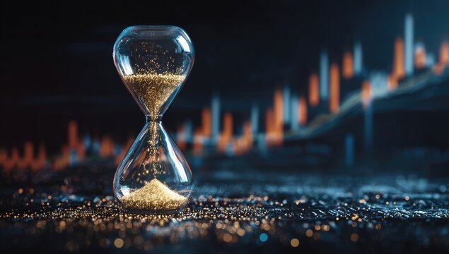 Hourglass with Flowing Sand on Blurred Financial Stock Market Chart Background.