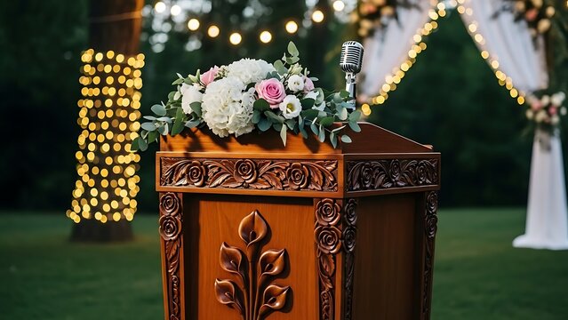 Elegantly adorned wooden podium at an outdoor wedding celebration scene