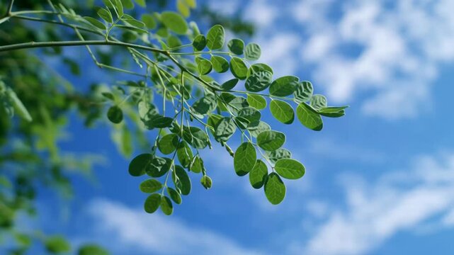 Moringa oleifera leaves against a blue sky with white clouds.