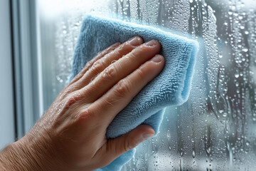 Naklejka premium A hand using a soft blue microfiber cloth to wipe away condensation and water droplets from a foggy glass window pane.