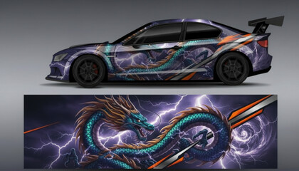 Custom car wrap design featuring a majestic teal dragon amidst striking purple lightning bolts and abstract lines on a dark purple sports car. © DB stock