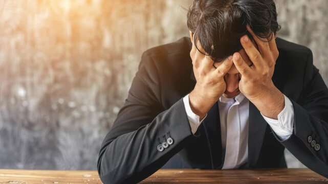 Despair in Business: A dejected businessman, head in hands, embodies the weight of stress and despair, the somber hues reflecting the emotional turmoil he endures.