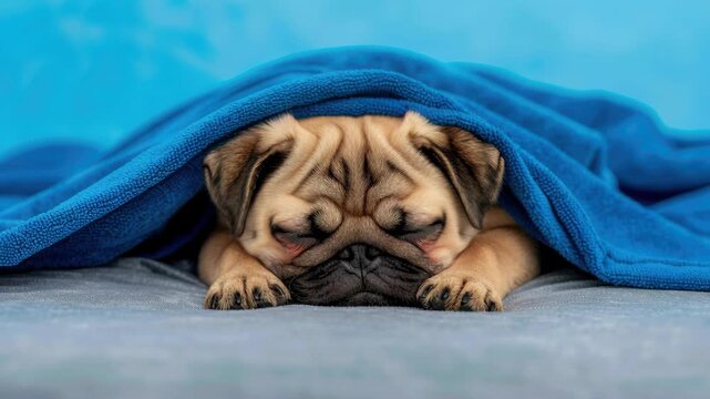 Cozy Pug in Blue Comfort: A lovable pug finds solace and relaxation, snuggled under a soft blue blanket, radiating warmth and contentment.
