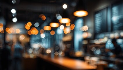 Fototapeta premium Blurred Bokeh Lights of a Cozy Cafe Interior at Night.