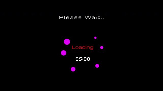 1 minute countdown Circle loading glitch animation with dots icon and message "Please Wait". High quality 4K video ProRes 4444 video with alpha channel.