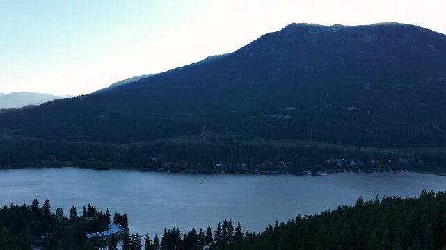 Blue Hour Drone Shot of Alta Lake and Mountain Silhouette, Whistler BC