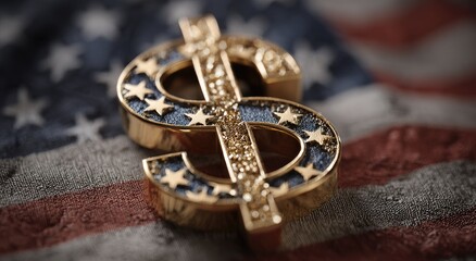Naklejka premium Golden Dollar Sign Embellished with Stars on American Flag Background.