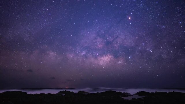 Lava flows, Honolulu Volcanics. Milky Way rises from the sea in the early morning of February 26. Oahu, Hawaii. Coastal erosion. Galactic Center directions:Sagittarius, Ophiuchus, Scorpio. Time-lapse 