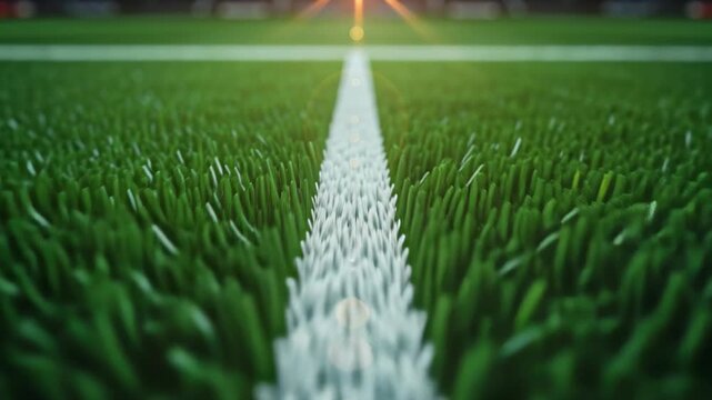 Football Field's Turf: A low-angle perspective presents the perfect soccer field with its meticulously manicured synthetic turf, clean white boundary, and vibrant green hues.