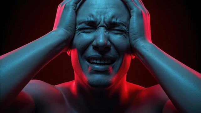 Agony and Anguish: Intense close-up portrait of a person in the throes of distress, their face contorted in pain under the influence of red and blue light. Expressing emotion and state of mind.