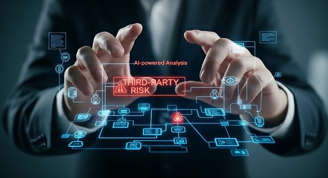 Third-party risk analysis. An AI highlights a connection to an external partner on a network hologram with a "THIRD-PARTY RISK" alert.