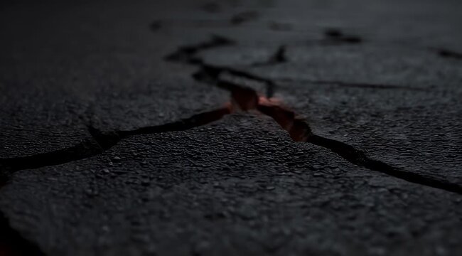 Deep, glowing fissures split the dark, arid surface, revealing an infernal light from below, a stark visual of powerful subterranean forces and impending rupture