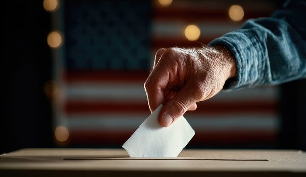 Close up of a hand casting a ballot into a voting box with the American flag in the background.