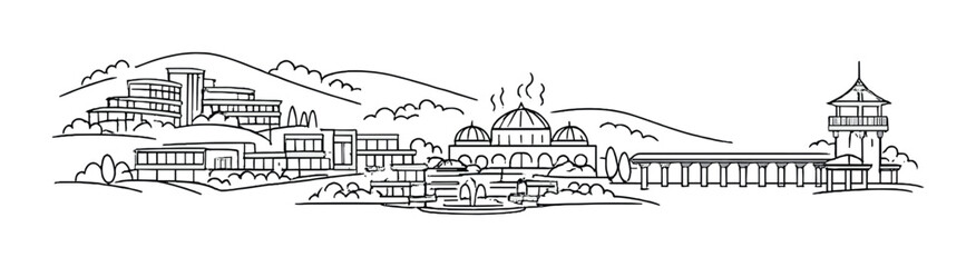 Hillside resort and spa complex with pier and lookout tower