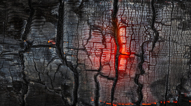  Black charred and scorched wood with glowing embers background
