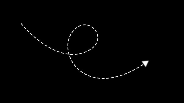 Animated of long dotted line arrow animation left to right on black background. glowing arrow following wavy dotted line motion graphic animation.