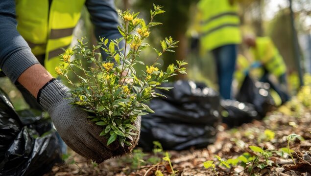 Volunteers planting trees and cleaning up a forest environment.