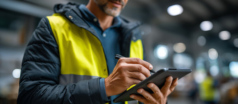 Close-up of a construction or warehouse professional wearing a bright yellow high-visibility safety vest over a dark work jacket, holding a digital tablet and using a stylus to inp