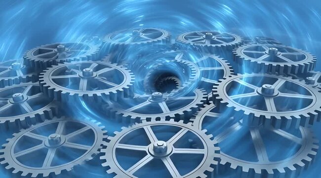 Mesmerizing blue digital vortex surrounded by an intricate web of rotating gears, symbolizing the dynamic interplay of complex technological systems and efficient mechanical processes