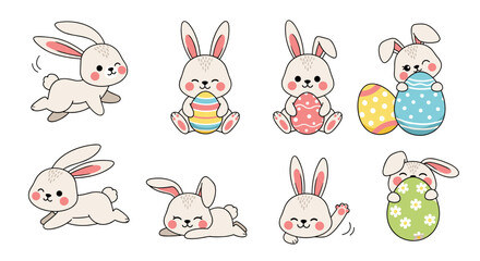 Cute cartoon bunnies with colorful eggs for easter celebration