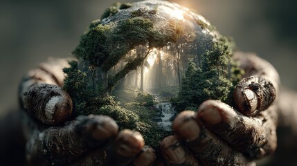 Conceptual image of muddy hands holding a fragile glass sphere containing a lush green forest, waterfall and sunlight, symbolizing environmental protection