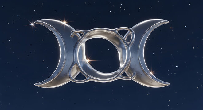 3D rendered symbol of a Triple Moon Goddess with a celestial background inspired by the moon cycles