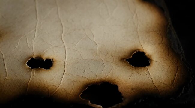 Aged and distressed paper texture with prominent burnt holes and charred, singed edges, creating a dark, dramatic, and vintage background surface