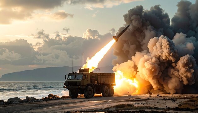 Military vehicle launching missile on coastal terrain during daytime with explosive smoke