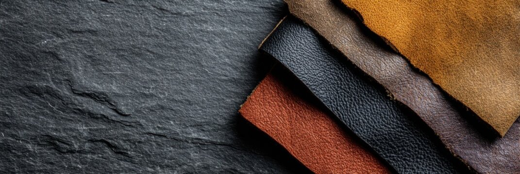 Assorted genuine leather swatches and samples on dark slate stone background, premium panoramic web banner with copy space.
