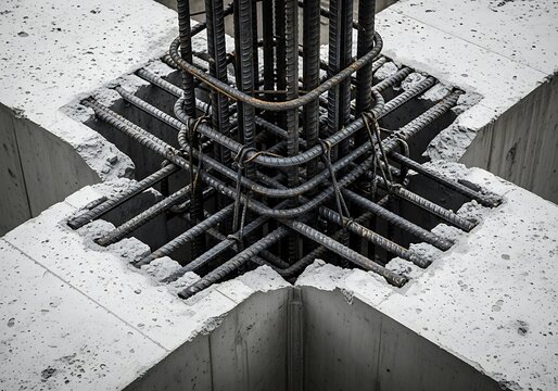 Reinforced concrete structure with visible steel reinforcement cage and foundation