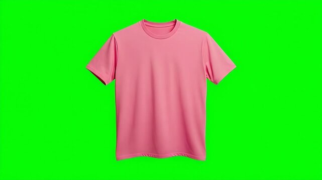 A blank pink t-shirt displayed on a vibrant green screen background, ideal for apparel mockups, custom branding, or fashion design presentations in various digital and print media projects.