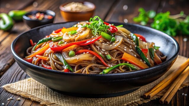 A photo of stirfried japchae in a black bowl with vibrant vegetables and mushrooms, garnished with sesame seeds on a wooden table