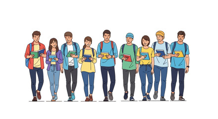 Fototapeta premium Illustration of diverse group of people walking together on Read Across America Day with books and backpacks in a colorful design.