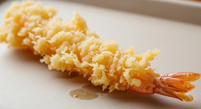 Golden Crisp Tempura Shrimp: a single, perfectly fried tempura shrimp sits gracefully, its golden, airy batter revealing the succulence within.