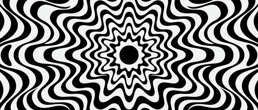 Abstract organic radial wave background with bold black and beige flowing shapes, hypnotic optical swirl pattern, modern retro sunburst style decorative vector illustration
