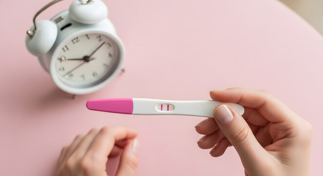 Close up of a woman hand holding positive pregnancy test with alarm clock on pink background. Generative AI