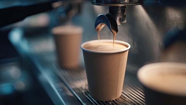 Espresso Machine Pouring Fresh Coffee into a Paper Cup.