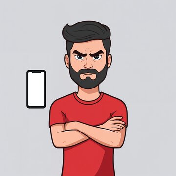 A cartoon man with a beard and red shirt looks angry next to a blank smartphone.