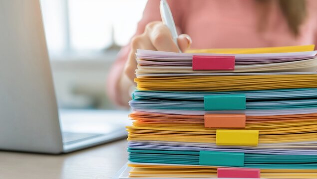 Businesswoman's hand signing documents in a stack of organized folders and files, working on finances and operations