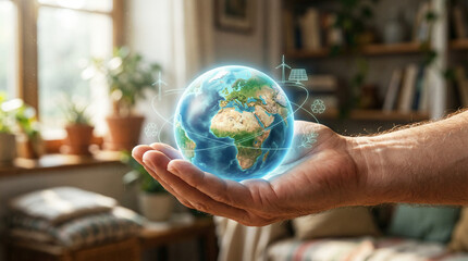 Human Hand Holding Glowing Digital Earth Hologram with Environmental Icons