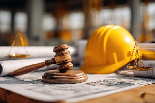 Construction Law Concept with Gavel and Hard Hat on Blueprints.