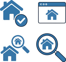 Obraz premium Real Estate Search Icons Set – Blue Home, Magnifying Glass, Web, Check Mark, Vector Illustration