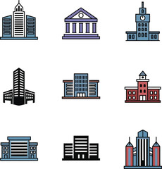 Fototapeta premium Modern and Classic Building Icons Set – Colorful Vector Illustrations of Urban Architecture for Business and Education