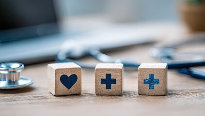 Wooden Blocks with Medical Symbols and Stethoscope on Desk.