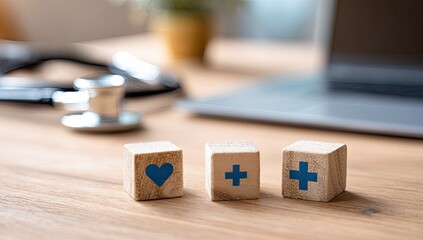 Wooden Blocks with Medical Symbols Representing Healthcare and Insurance.
