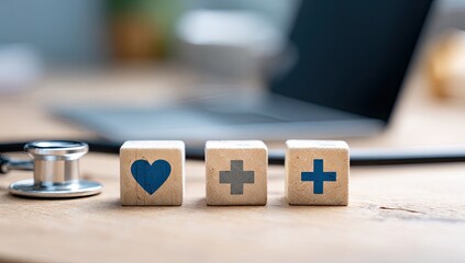 Wooden Blocks with Medical Symbols and Stethoscope on Desk.